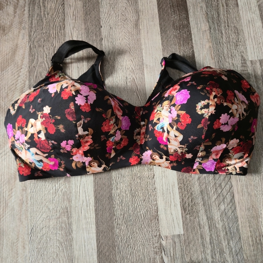 Torrid 42DDD Coquette Bra Black Floral Dream Wire-Free 360 Smoothing Cupid Print - Picture 1 of 14